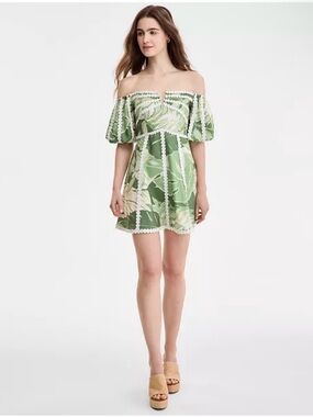 Rachel Rachel Roy Off-Shoulder Green Tropical Print Mini Dress